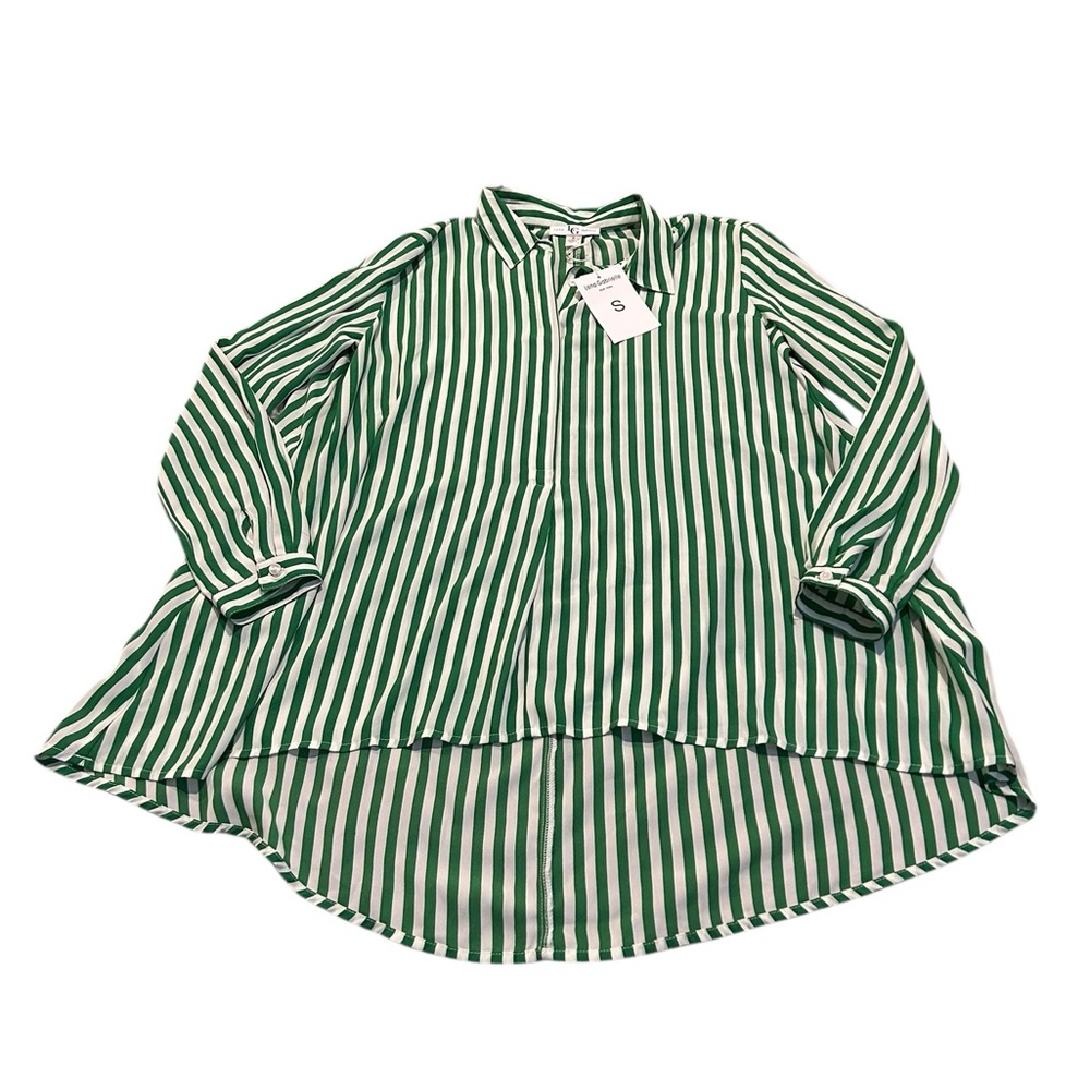 LENA GABRIELLE green and white hi-low blouse nwt